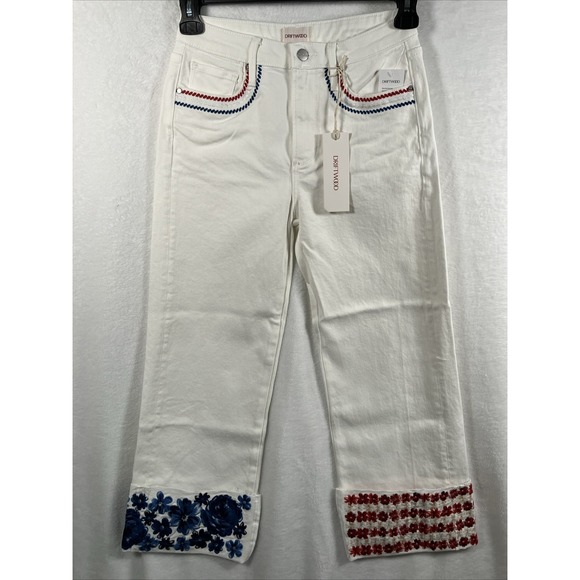 Driftwood Embroidered Floral Jeans Womens 25 White Crop Denim Red Blue Boho NWT - Picture 2 of 16